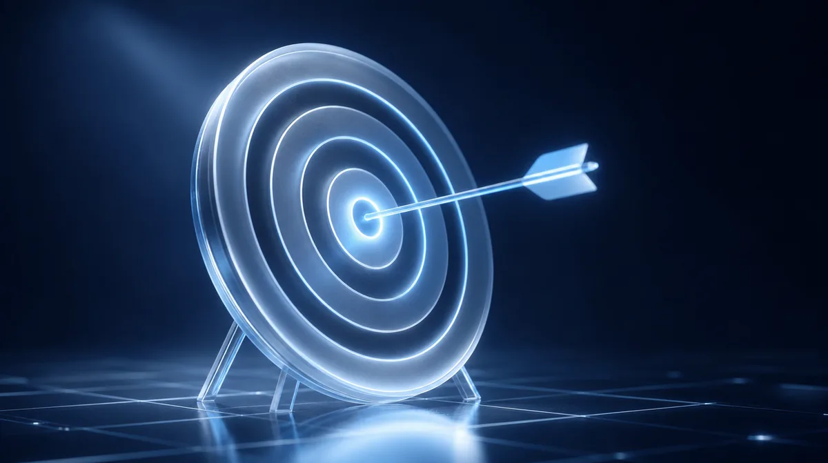 Abstracte 3D-visual van een glazen doelwit met een gloeiende pijl in de roos