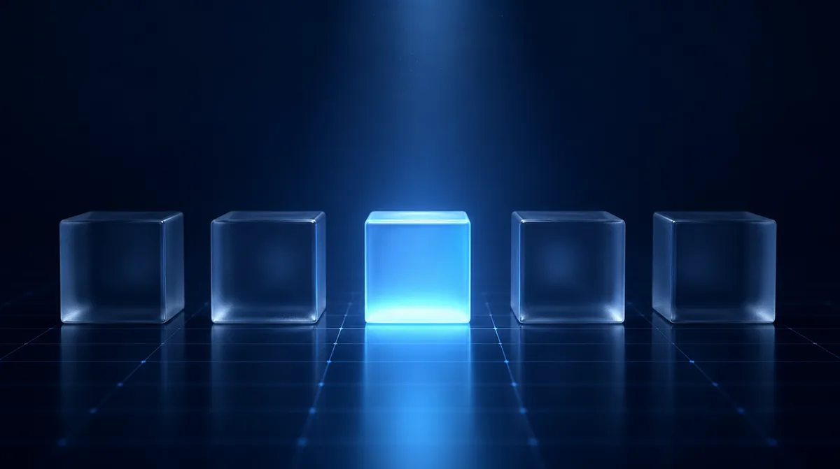 Abstracte 3D-visual van een rij glazen blokken waarvan er één oplicht