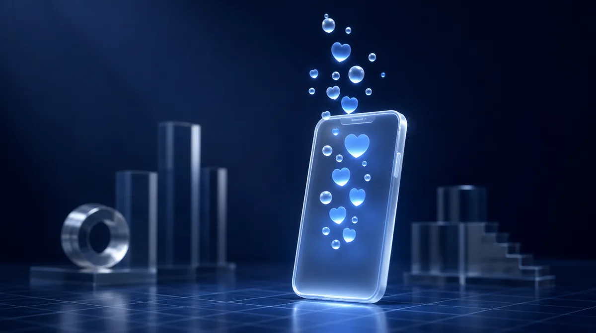Abstracte 3D-visual van een glazen smartphone waar gloeiende reacties uit opstijgen
