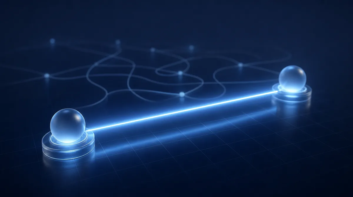 Abstracte 3D-visual van een heldere lichtlijn die twee glazen punten direct verbindt
