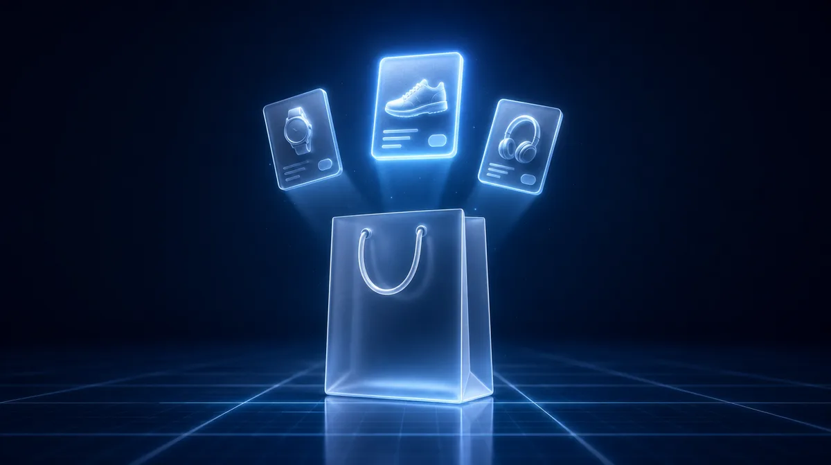 Abstracte 3D-visual van een glazen shoppingtas met zwevende productkaarten